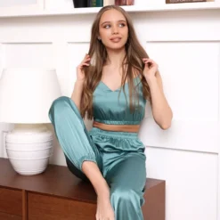 Pyjama Ensemble Satin Femme Crop Et Pantalon(Pyjama Ensemble Satin Femme) -Pyjama Original H2d3084ea805e4a7da4dead3f400d8cf9a