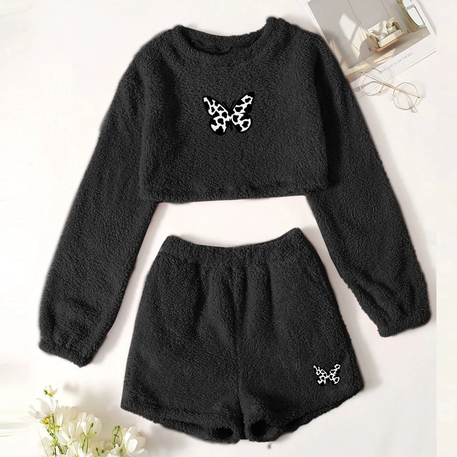 Pyjama Polaire Sexy Ensemble Deux Pièces à Motif Papillon(Pyjama Polaire Sexy)