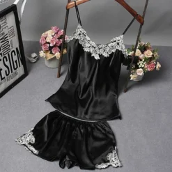 Pyjama 2 Pièces Femme Satin Avec Fleurs En Dentelles(Pyjama 2 Pieces Femme Satin) -Pyjama Original HTB12N5FQFXXXXcQXFXXq6xXFXXXG
